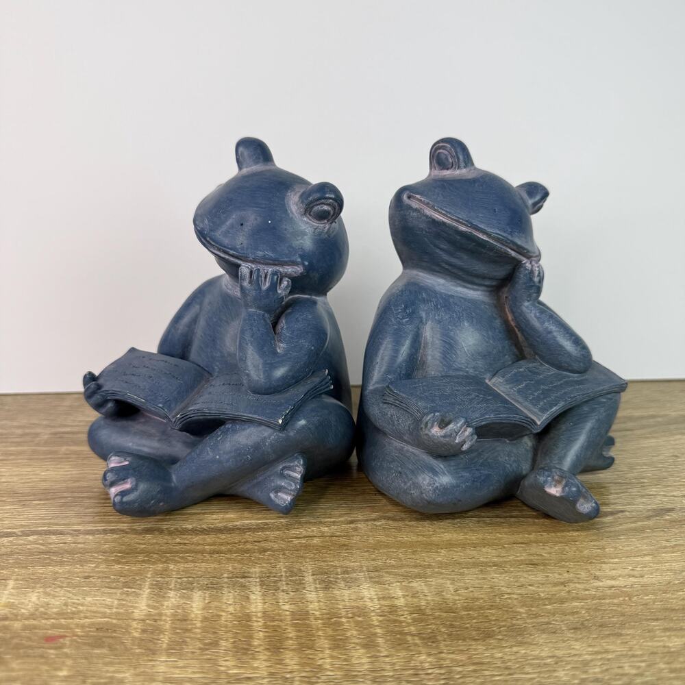 Vintage Frog Figurine Bookends Set Blue Reading